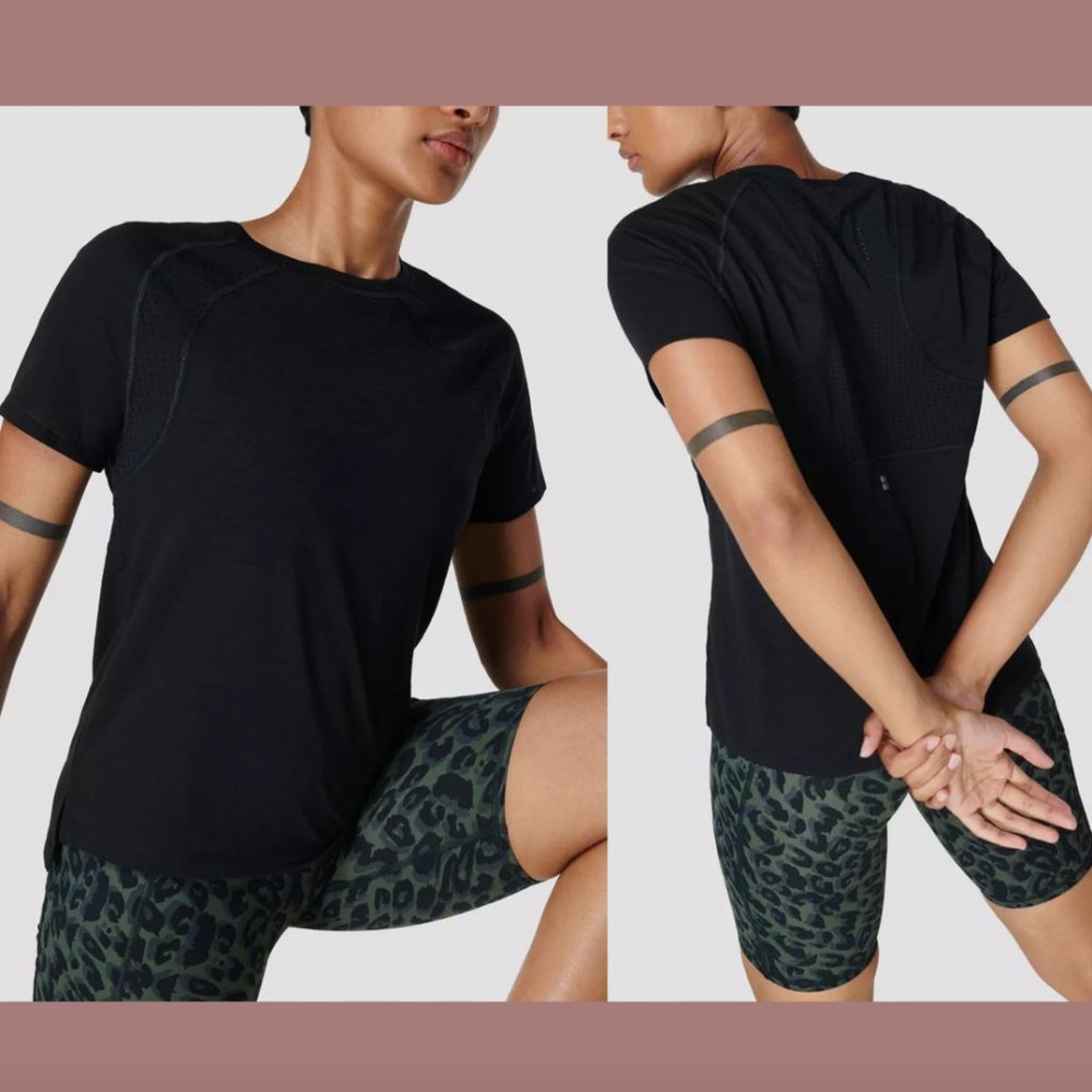 NWT $88 Sweaty Betty [ Small 6‎ US ] Breeze Running T-Shirt Top in Black #5903